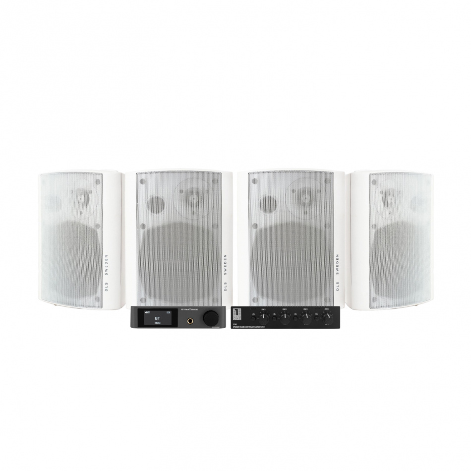 Dynavoice CA802BT med SC4B & 2 par DLS MB5i udendørs højttalere, hvid