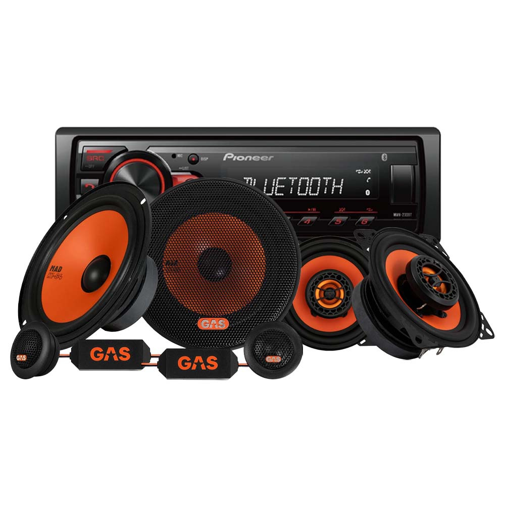 Pioneer MVH-230BT & GAS MAD K1 for- og bagsystem, bilstereopakke