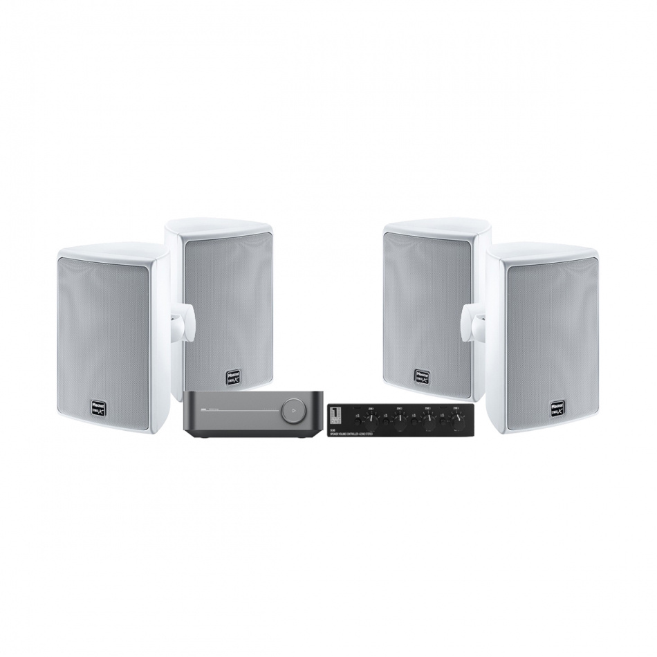 WiiM Amp, SC4B & 2 par Magnat Symbol X-130 udendørshøjttalere, hvid