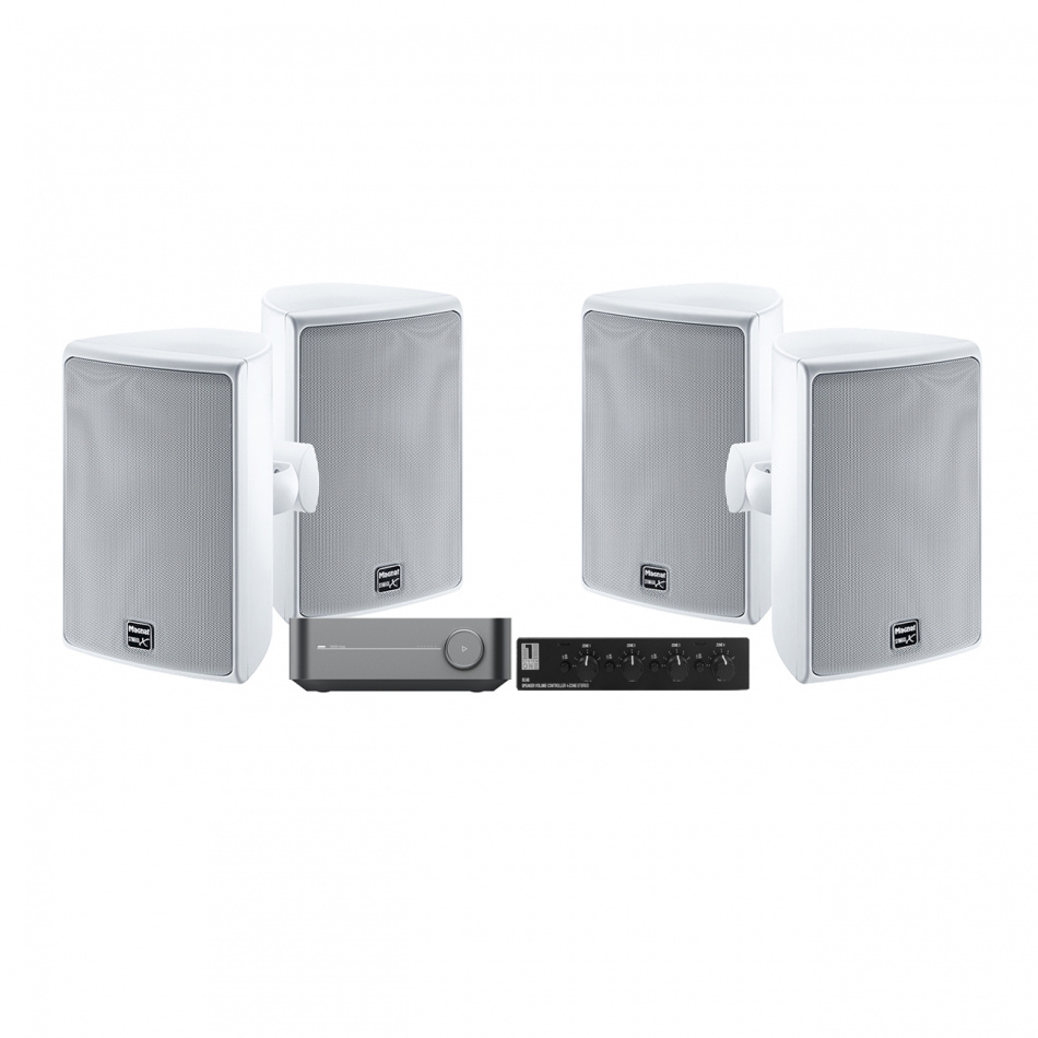 WiiM Amp med 2 par hvide Magnat Symbol X 160 & SC4B højttaleromskifter