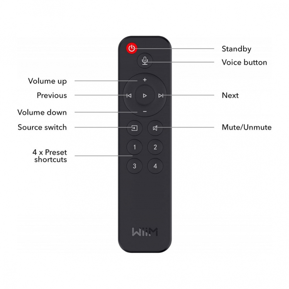 WiiM Pro med WiiM Voice Remote fjernbetjening